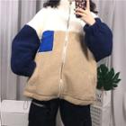 Color-block Fleece Zip Jacket As Shown In Figure - One Size