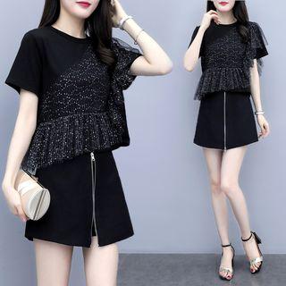 Set: Short-sleeve Metallic Mesh Paneled T-shirt + Zip A-line Mini Skirt