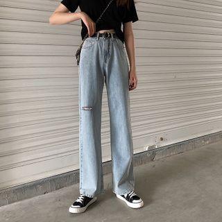 High-waist Straight Cut Ripped Jeans