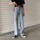 High-waist Straight Cut Ripped Jeans