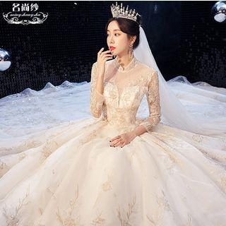 3/4-sleeve Paneled Floral Embroidered A-line Wedding Gown
