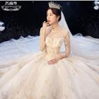 3/4-sleeve Paneled Floral Embroidered A-line Wedding Gown