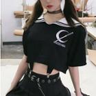 Embroidered Short-sleeve Crop T-shirt Black - One Size