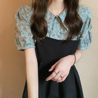 Set : Floral Peter Pan Collar Shirt + Spaghetti-strap Dress