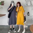 Elbow-sleeve Printed Midi A-line T-shirt Dress