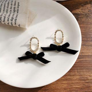 Rhinestone Bow Velvet Dangle Earring 1 Pair - Rhinestone Bow Velvet Dangle Earring - Black - One Size