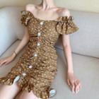 Floral Off-shoulder Ruffle Trim Shirred Mini Bodycon Dress