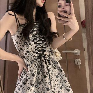 Spaghetti-strap Floral Mini A-line Dress Black - One Size