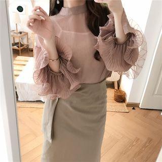 Set: Balloon-sleeve Sheer Blouse + Camisole