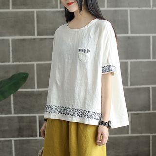 Elbow-sleeve Embroidered Pocketed Top