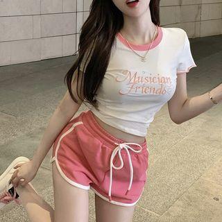 Short-sleeve Lettering Embroidered Cropped T-shirt / Sweatshorts