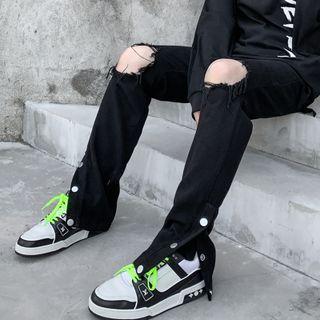 Distressed Slit-hem Straight Leg Pants