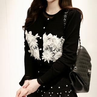 Lace-panel Faux-pearl Button Cardigan