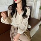 Shirred V-neck Long-sleeve Blouse As Figure - One Size