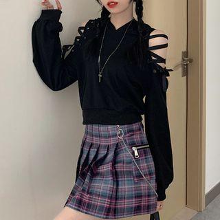 Cold-shoulder Lace-up Cropped Hoodie