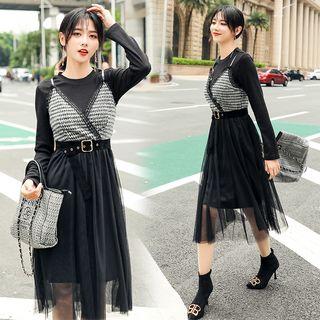 Set: Crew-neck Long-sleeve T-shirt Dress + Mesh Panel Spaghetti Strap Dress