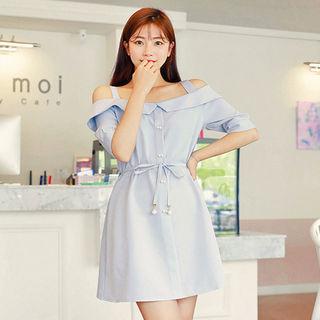 Off-shoulder A-line Shirtdress With Sash