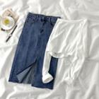 Long-sleeve Crop T-shirt / Midi Slit Denim A-line Skirt