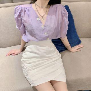 Short-sleeve Blouse / Crinkled Mini Fitted Skirt