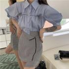 Puff-sleeve Bow Detail Shirt / Plaid Asymmetrical Mini Pencil Skirt