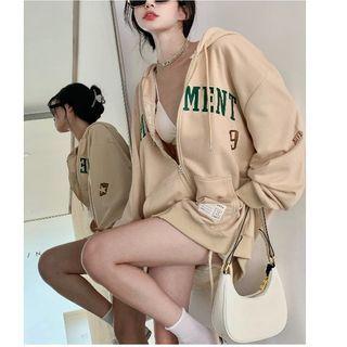 Lettering Embroidered Hooded Zip Jacket Almond - One Size