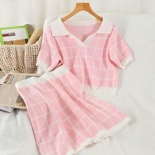 Set: Short-sleeve Plaid Knit Polo Shirt + Mini Skirt