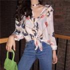 Cropped Long-sleeve Printed Chiffon Blouse As Shown In Figure - One Size