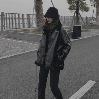 Leather Turtleneck Zip Jacket