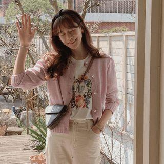 Faux-pearl Button Rib-trim Cardigan Pink - One Size