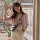 Faux-pearl Button Rib-trim Cardigan Pink - One Size