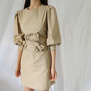 Balloon-sleeve Tie-waist Mini Dress