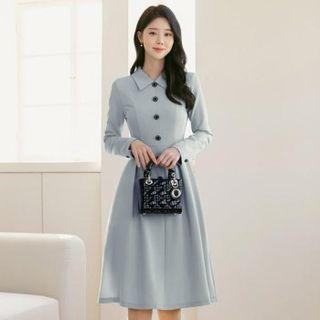 Collared Button-trim Flare Dress