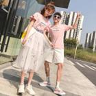 Women Set: Short-sleeve Lettering T-shirt + Mesh Skirt / Men T-shirt / Shorts