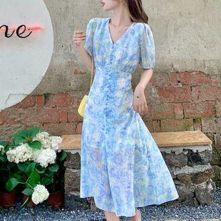 Short Sleeve V-neck Tie-dye Button-up Midi A-line Dress