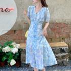 Short Sleeve V-neck Tie-dye Button-up Midi A-line Dress