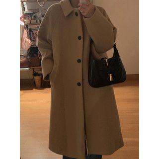 Raglan-sleeve Wool Blend Long Coat Khaki - One Size
