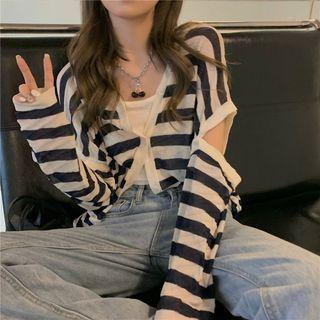 Cutout Sleeve Stripe T-shirt As Shown In Figure - One Size