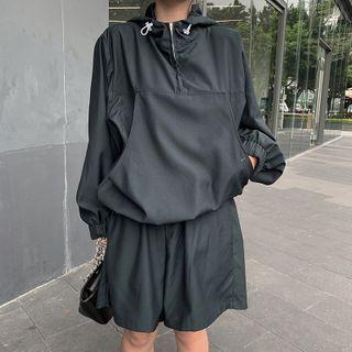 Set: Half-zip Hooded Sweatshirt + Wide-leg Shorts Dark Green - One Size