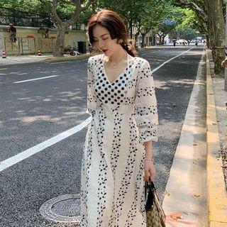 Long Sleeve V-neck Embroidered A-line Dress