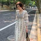 Long Sleeve V-neck Embroidered A-line Dress