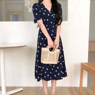 Floral Short-sleeve V-neck Midi A-line Dress Blue - One Size