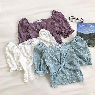 Plain Square-neck Frilled Puff-sleeve Blouse