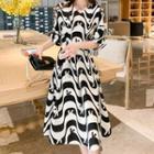 Short-sleeve Lettering Wave Print Midi A-line Dress
