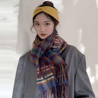 Plaid Fringed Shawl Blue & Red - One Size