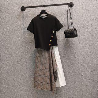 Asymmetrical Cropped T-shirt / Plaid Panel Midi A-line Skirt / Set
