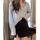 Long-sleeve Plain Blouse / Slit Mini A-line Skirt