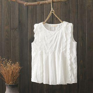 Sleeveless Perforated Lace Trim Top