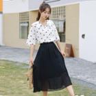 Elbow-sleeve Dotted Blouse / Midi A-line Skirt / Set