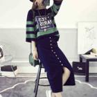Set: Lettering Striped Elbow Sleeve Knit Sweater + Buttoned Midi Knit Skirt