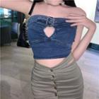 Buckled Cut-out Denim Tube Top / Button-up Mini Pencil Skirt